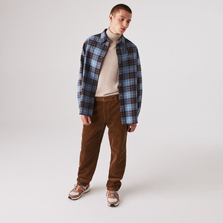 Lacoste LIVE Checked Flannel Forede Oversized Shirt Blå Brune | xgZZUoJ4