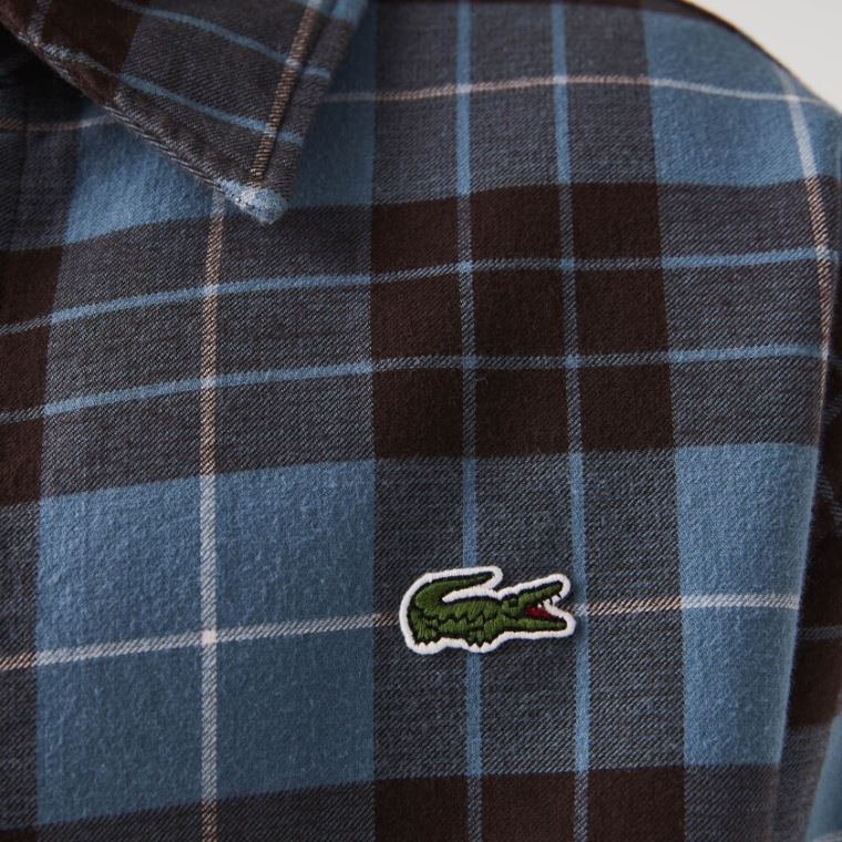 Lacoste LIVE Checked Flannel Forede Oversized Shirt Blå Brune | xgZZUoJ4