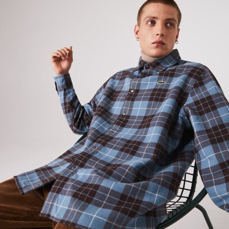 Lacoste LIVE Checked Flannel Forede Oversized Shirt Blå Brune | xgZZUoJ4