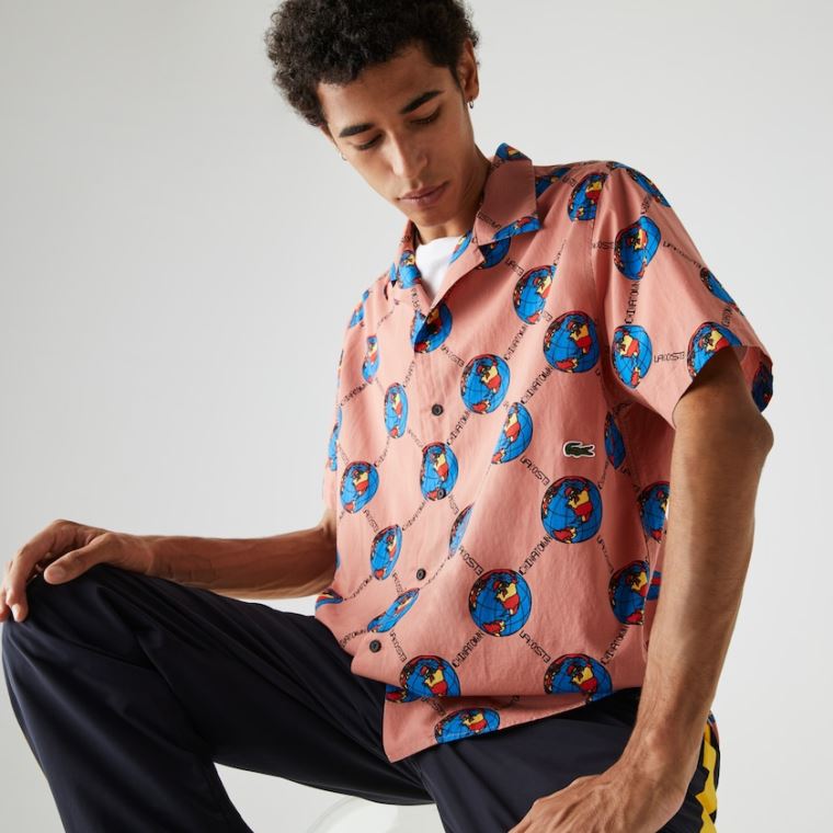 Lacoste LIVE Chinatown Market Collaboration Print Shirt Rosa Hvite | H9KwHfbi