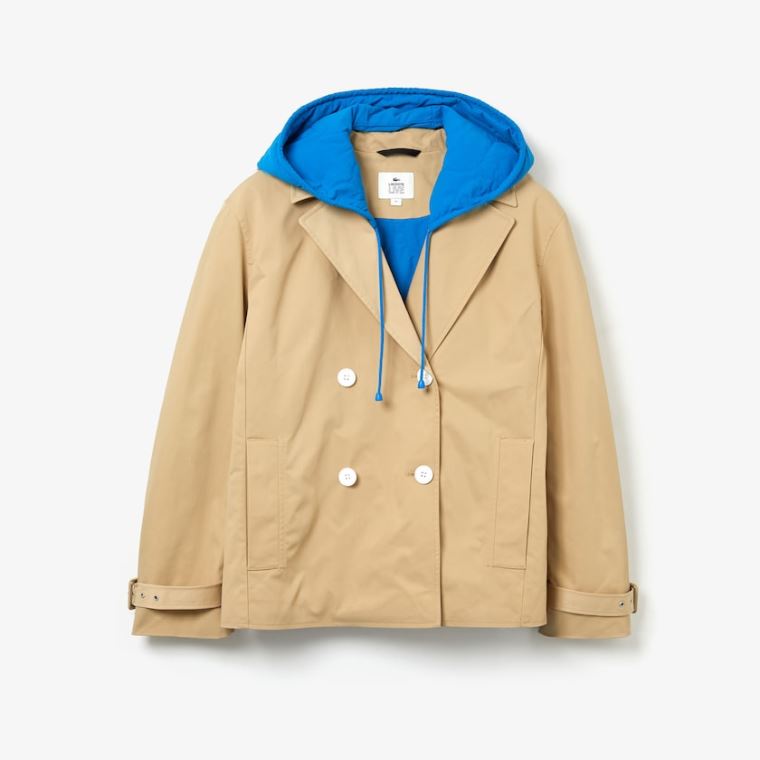 Lacoste LIVE Contrast Hood 2-in-1 Trench Coat Beige Blå | Hir71kOO