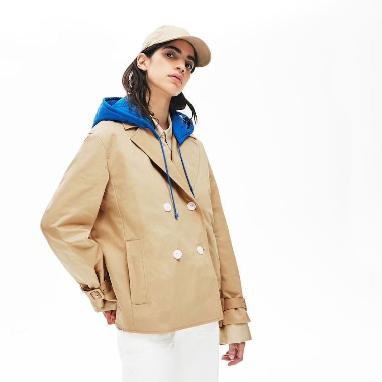 Lacoste LIVE Contrast Hood 2-in-1 Trench Coat Beige Blå | Hir71kOO