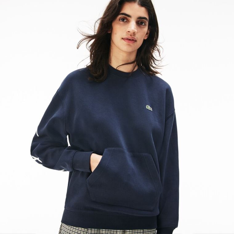 Lacoste LIVE Crew Neck Embroidered Fleece Sweatshirt Blå Hvite | bHrKu9T6