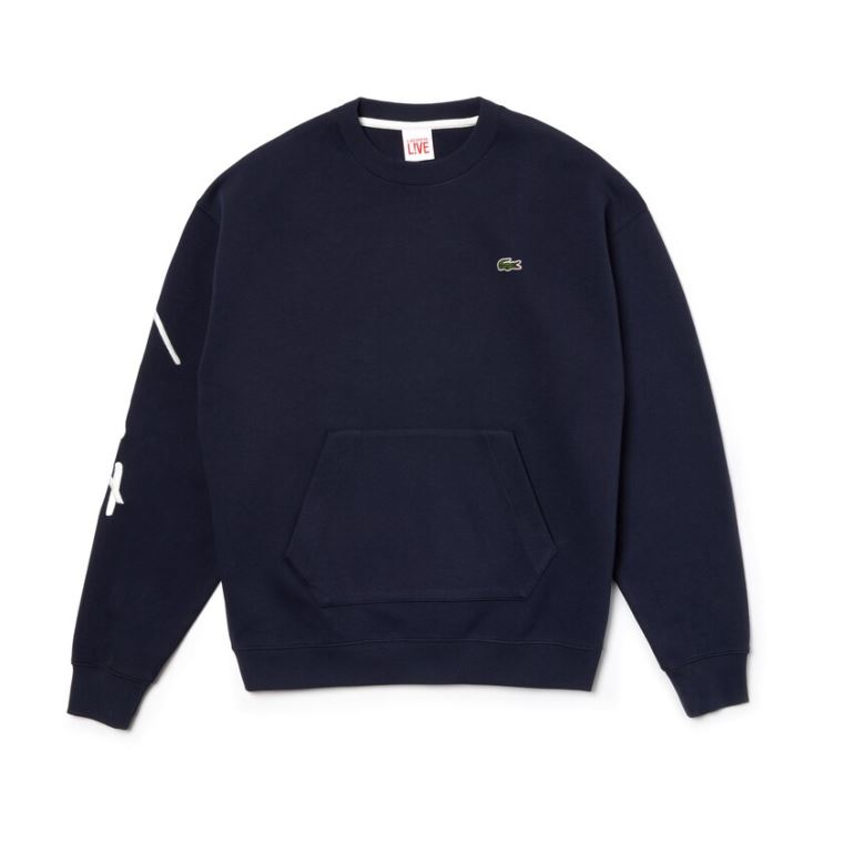 Lacoste LIVE Crew Neck Embroidered Fleece Sweatshirt Blå Hvite | bHrKu9T6