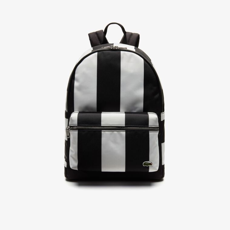 Lacoste LIVE Detachable Pouch Striped Backpack Svarte Hvite | ZjU9ox9y