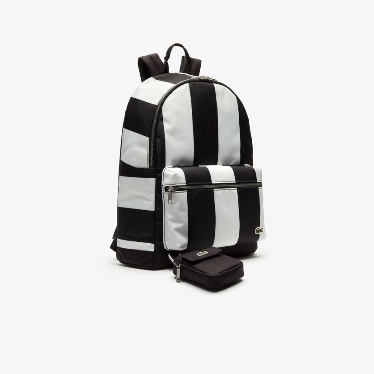 Lacoste LIVE Detachable Pouch Striped Backpack Svarte Hvite | ZjU9ox9y