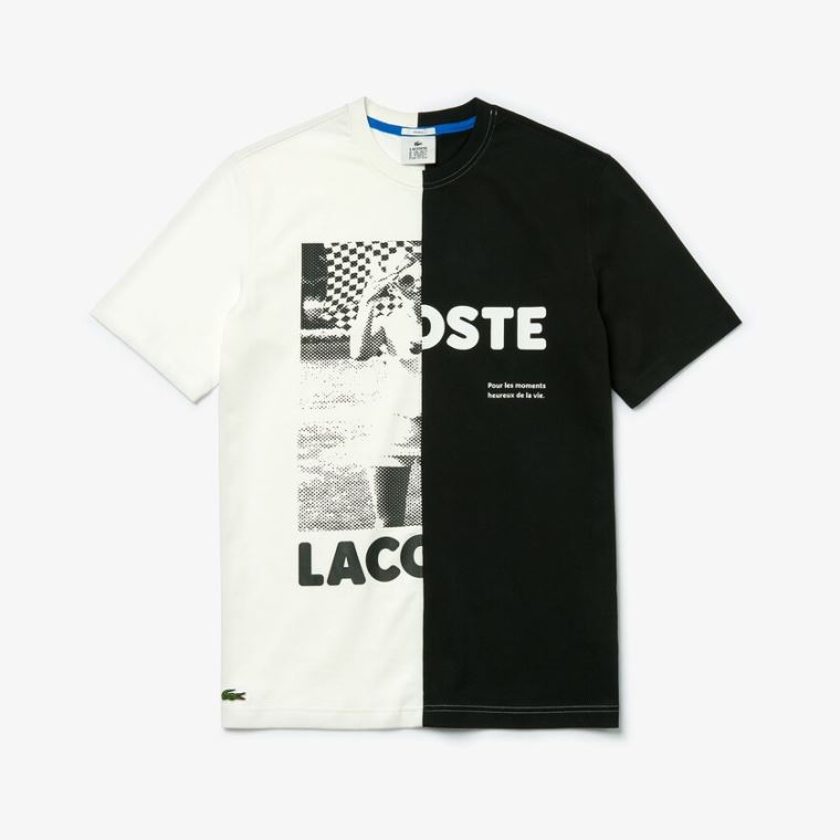 Lacoste LIVE Graphic Print Bomull T-shirt Hvite Svarte | ZVLNjwUv