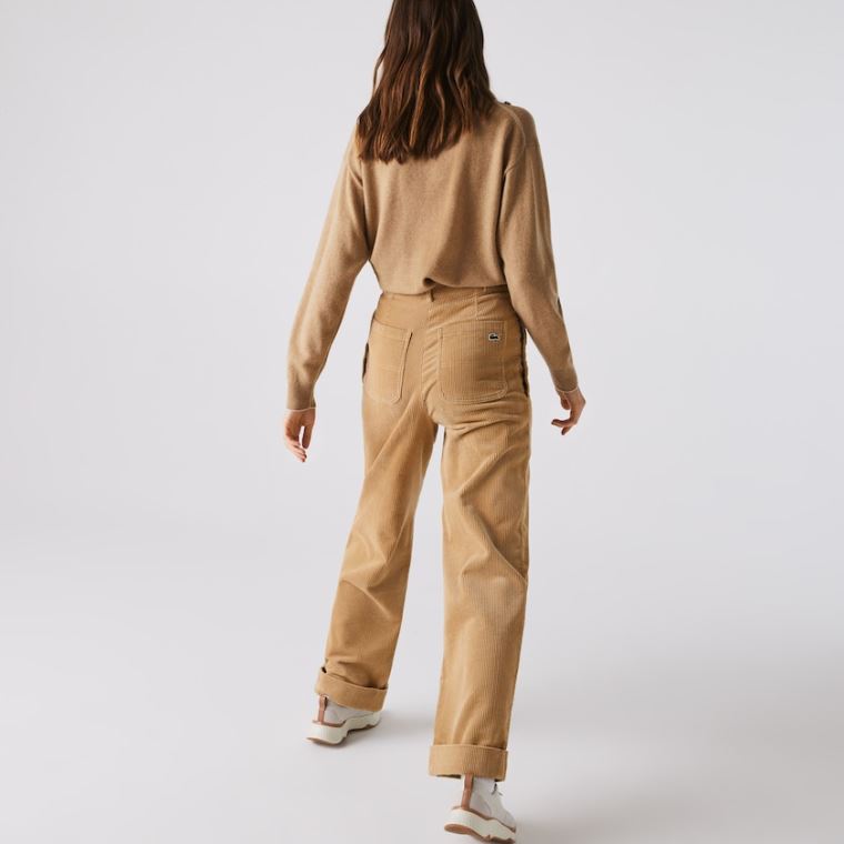 Lacoste LIVE High-Waisted Loose Ribbed Velvet Pants Beige | R7GemDBm