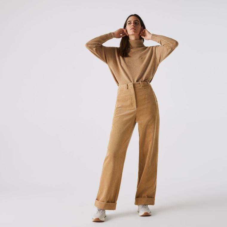 Lacoste LIVE High-Waisted Loose Ribbed Velvet Pants Beige | R7GemDBm