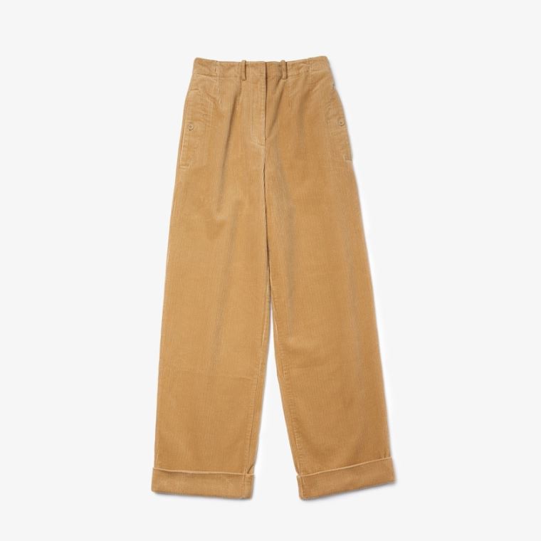 Lacoste LIVE High-Waisted Loose Ribbed Velvet Pants Beige | R7GemDBm