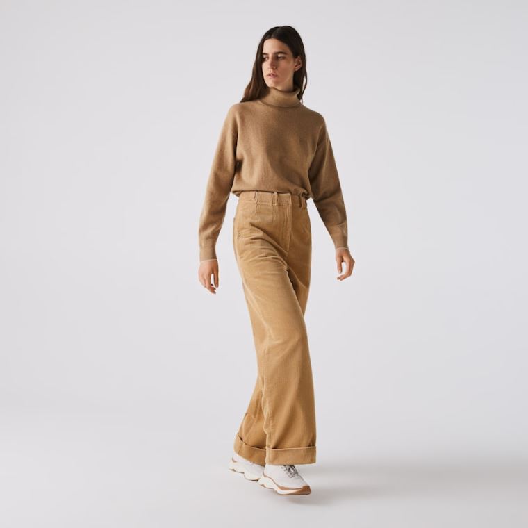 Lacoste LIVE High-Waisted Loose Ribbed Velvet Pants Beige | R7GemDBm