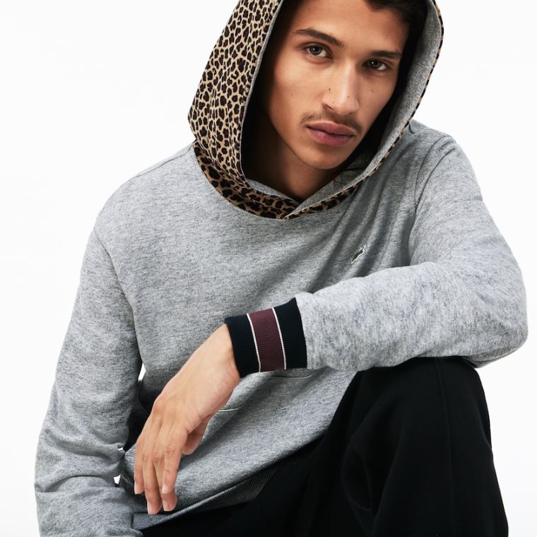 Lacoste LIVE Leopard Print Hood Fleece Sweatshirt Grå Hvite | WEu9hTlp