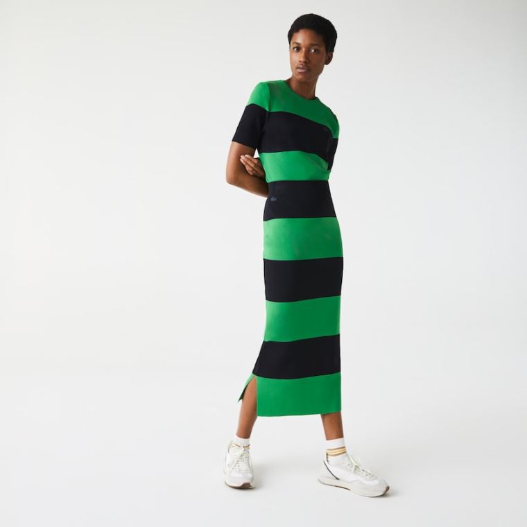 Lacoste LIVE Long Striped Knit Skirt Grønn Marineblå Blå | wVtEpBpx