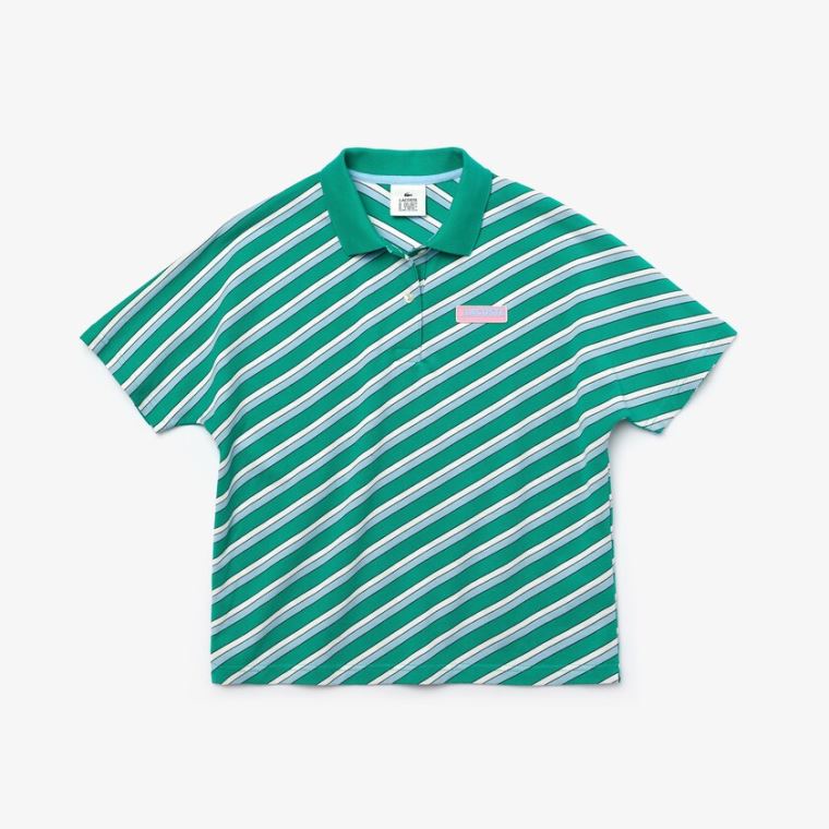 Lacoste LIVE Loose Fit Badge Striped Bomull Piqué Polo Shirt Grønn Hvite | 8cE2olaW