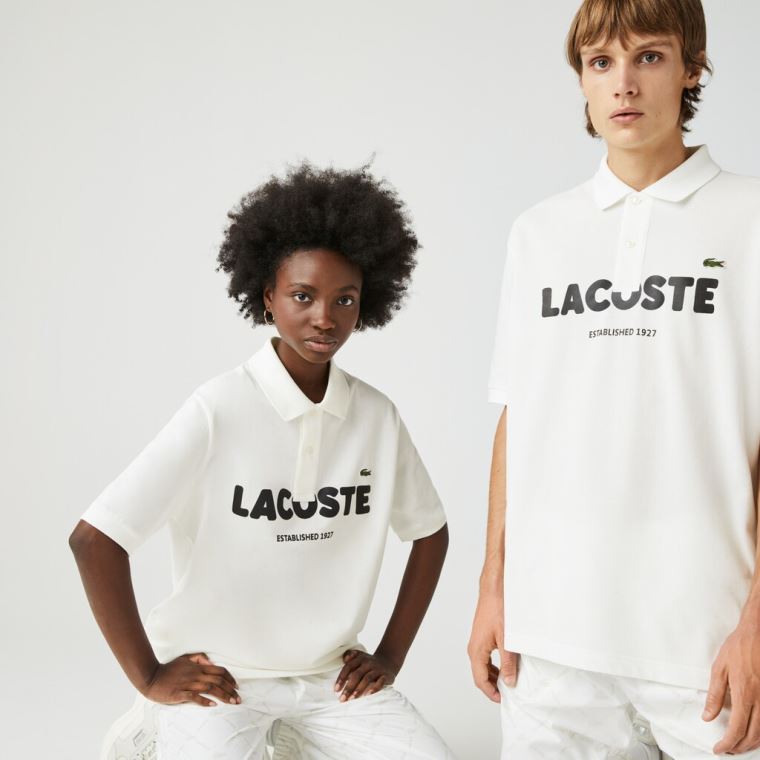 Lacoste LIVE Loose Fit Branded Bomull Piqué Polo Shirt Hvite Svarte | HVm5RzHV