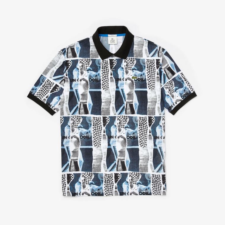 Lacoste LIVE Loose Fit Graphic Print Bomull Polo Shirt Hvite Blå Hvite | 5onbK4MB