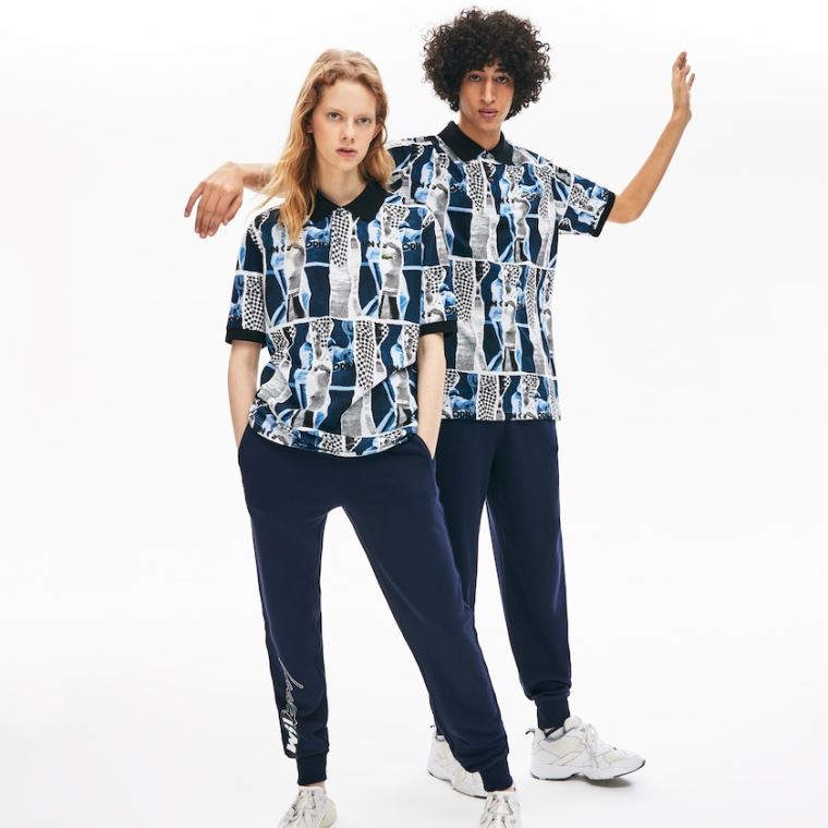 Lacoste LIVE Loose Fit Graphic Print Bomull Polo Shirt Hvite Blå Hvite | 5onbK4MB