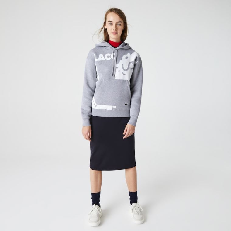 Lacoste LIVE Loose Fit Hette Print Fleece Sweatshirt Grå Hvite | 7ZSrDoQO