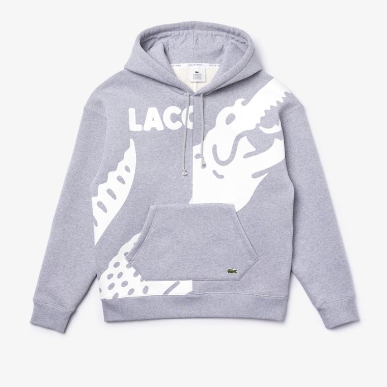 Lacoste LIVE Loose Fit Hette Print Fleece Sweatshirt Grå Hvite | 7ZSrDoQO