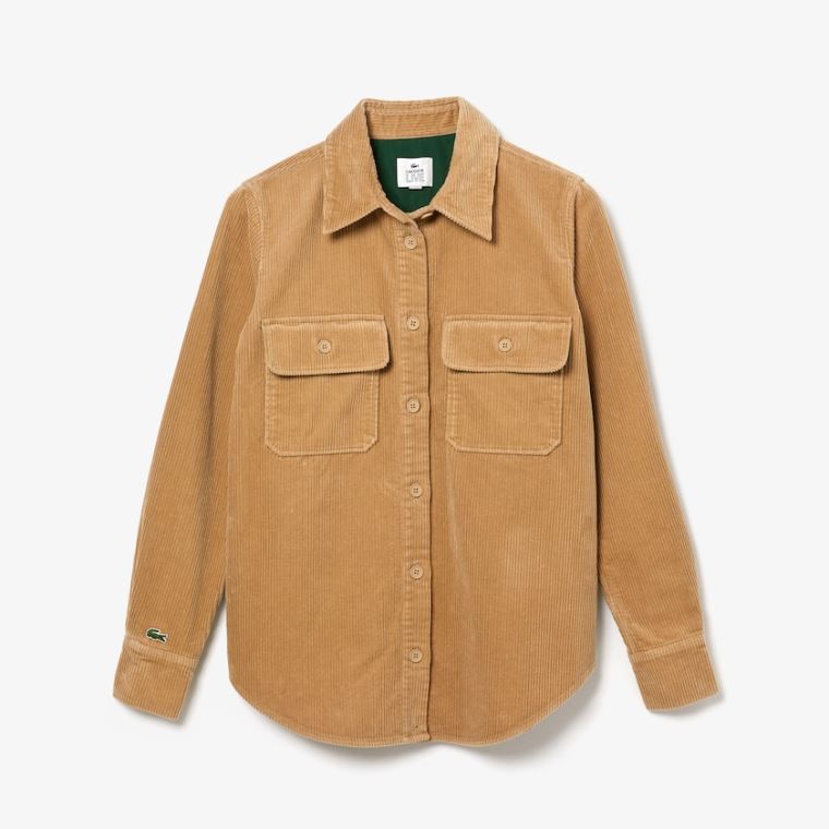 Lacoste LIVE Pockets Ribbed Velvet Shirt Beige | ftp0via9