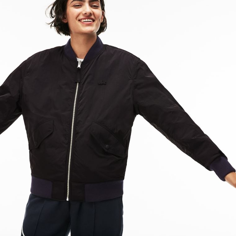 Lacoste LIVE Reversible Nylon And Fleece Bomber Jacket Svarte Blå | Hfmh3cVj