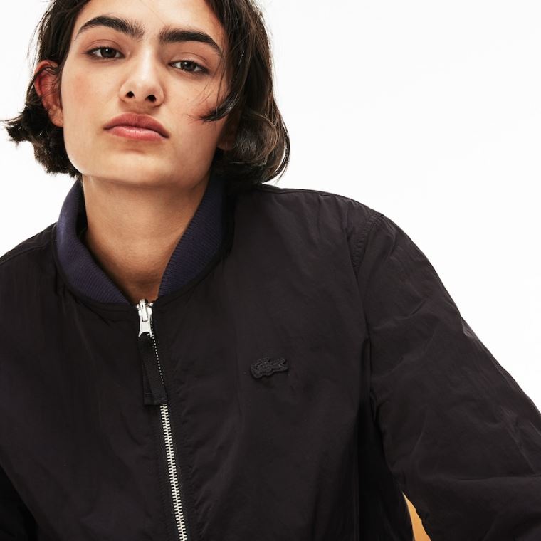 Lacoste LIVE Reversible Nylon And Fleece Bomber Jacket Svarte Blå | Hfmh3cVj