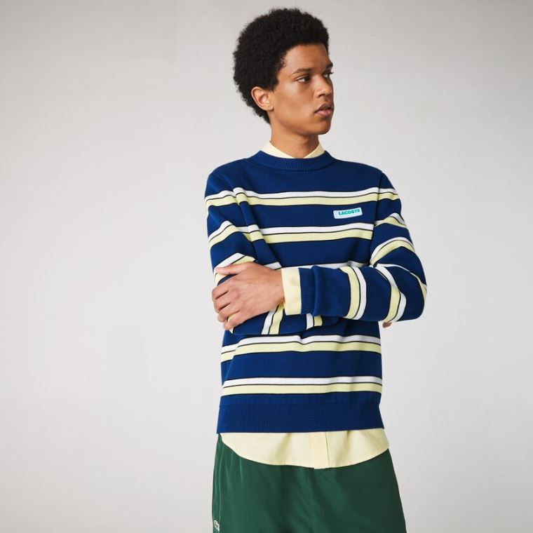 Lacoste LIVE Striped Bomull Crew Neck Genser Blå Hvite | q7PlKe4G