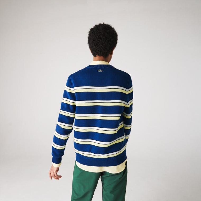 Lacoste LIVE Striped Bomull Crew Neck Genser Blå Hvite | q7PlKe4G