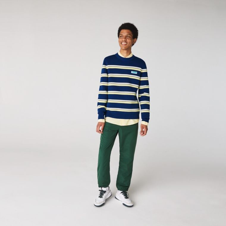 Lacoste LIVE Striped Bomull Crew Neck Genser Blå Hvite | q7PlKe4G