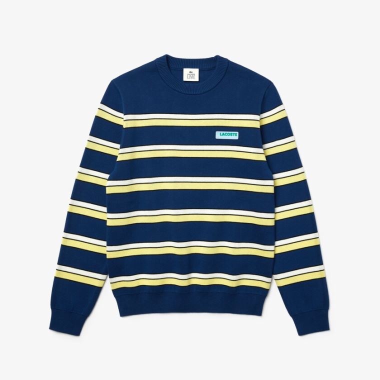 Lacoste LIVE Striped Bomull Crew Neck Genser Blå Hvite | q7PlKe4G