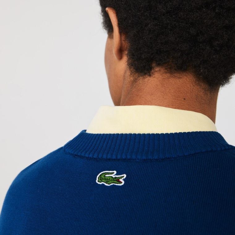 Lacoste LIVE Striped Bomull Crew Neck Genser Blå Hvite | q7PlKe4G