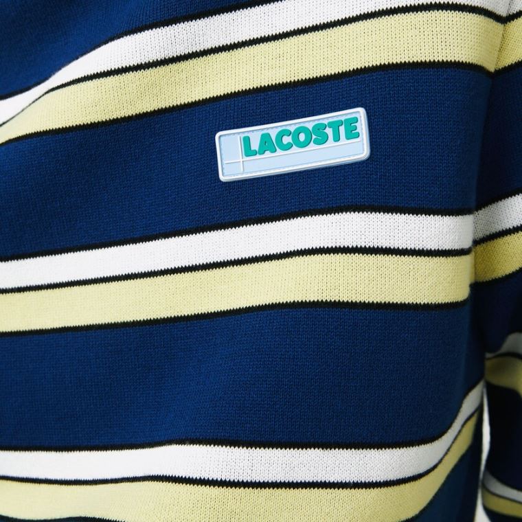 Lacoste LIVE Striped Bomull Crew Neck Genser Blå Hvite | q7PlKe4G