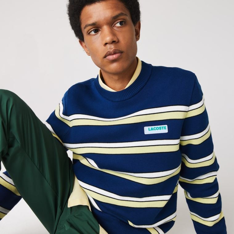 Lacoste LIVE Striped Bomull Crew Neck Genser Blå Hvite | q7PlKe4G