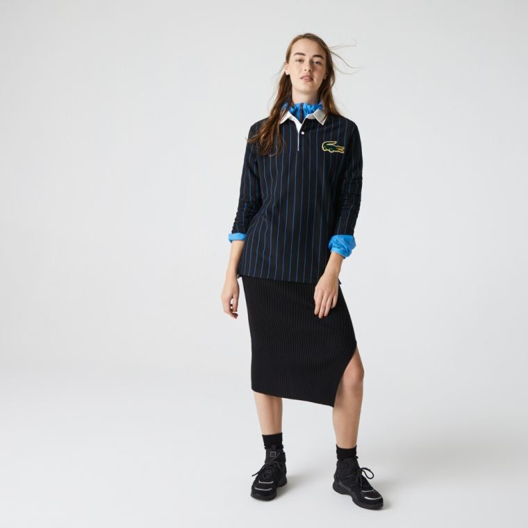 Lacoste LIVE Striped Bomull Polo Shirt Svarte Blå | 38KWDAwF