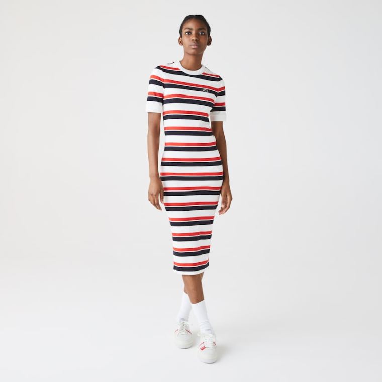 Lacoste LIVE Striped Bomull Ribbed T-Shirt Kjoler Hvite Marineblå Blå Rød | Lhe2P17c