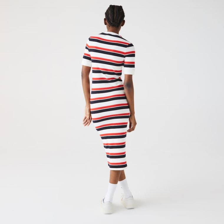 Lacoste LIVE Striped Bomull Ribbed T-Shirt Kjoler Hvite Marineblå Blå Rød | Lhe2P17c