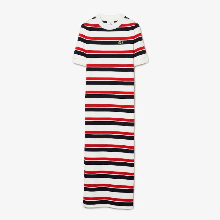 Lacoste LIVE Striped Bomull Ribbed T-Shirt Kjoler Hvite Marineblå Blå Rød | Lhe2P17c