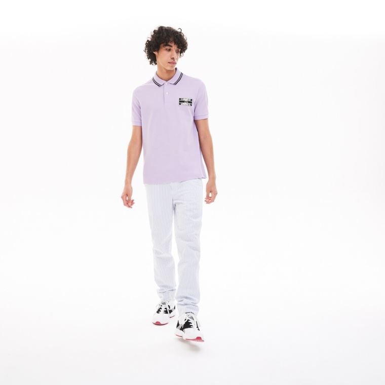 Lacoste LIVE Striped-Collar Bomull Piqué Polo Shirt Lilla Svarte | ZCNcOMJE