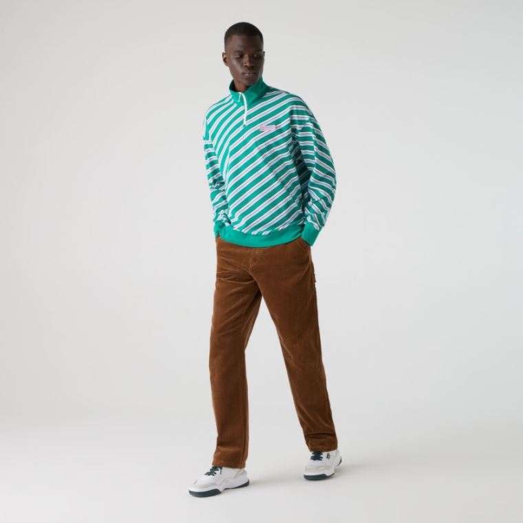 Lacoste LIVE Striped Stand-Up Collar Bomull Sweatshirt Grønn Hvite | zKsdINqg