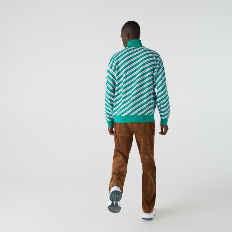 Lacoste LIVE Striped Stand-Up Collar Bomull Sweatshirt Grønn Hvite | zKsdINqg