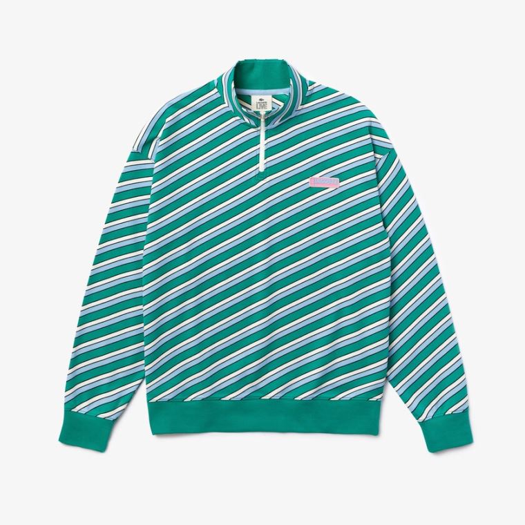 Lacoste LIVE Striped Stand-Up Collar Bomull Sweatshirt Grønn Hvite | zKsdINqg