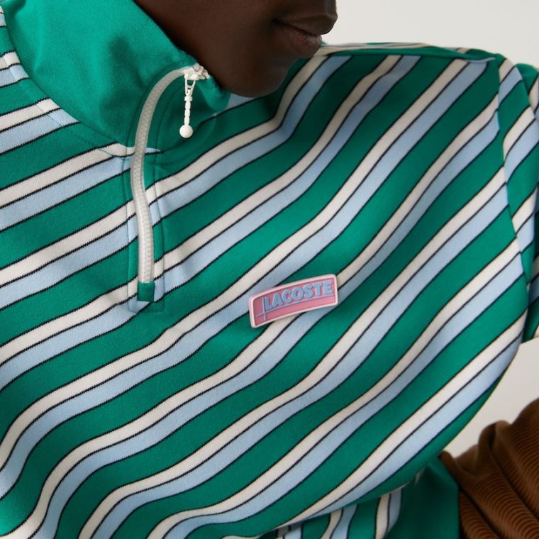 Lacoste LIVE Striped Stand-Up Collar Bomull Sweatshirt Grønn Hvite | zKsdINqg