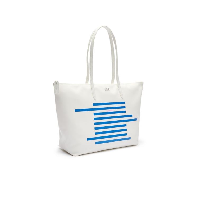 Lacoste L.12.12 Nautical Stripes Large Coated Canvas Tote Bag Hvite Blå | Vw0Qa7wy