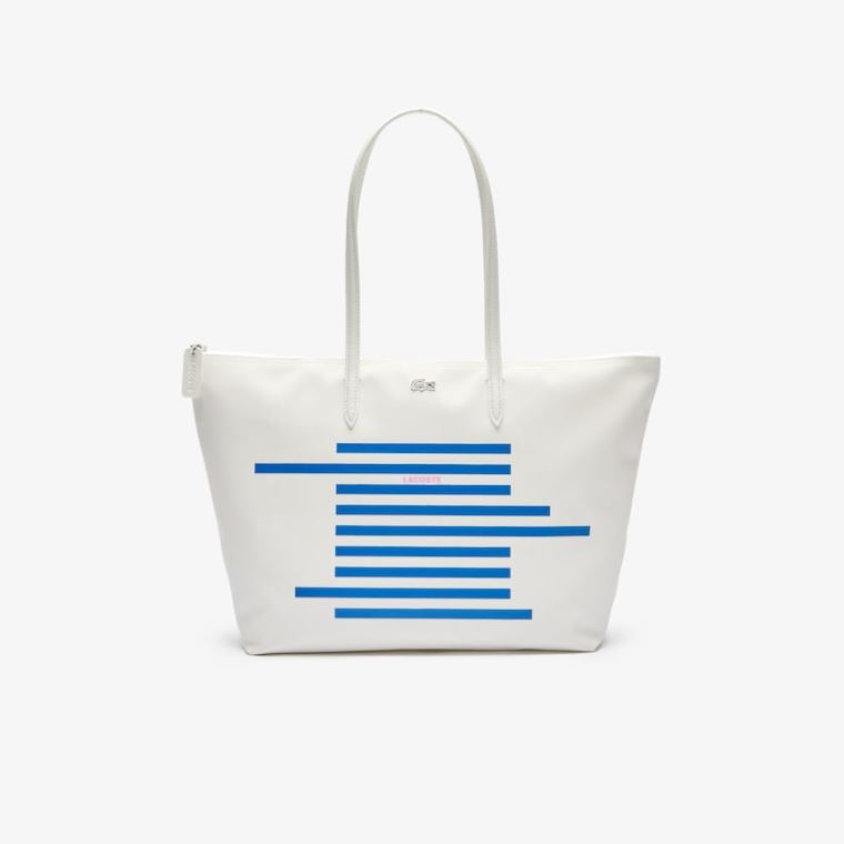 Lacoste L.12.12 Nautical Stripes Large Coated Canvas Tote Bag Hvite Blå | Vw0Qa7wy