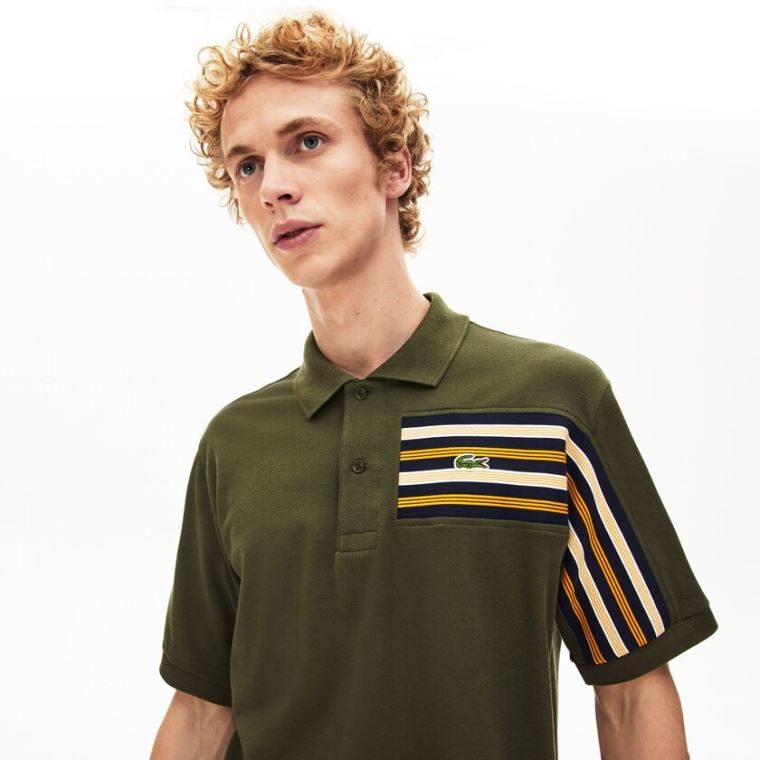 Lacoste L.12.12 Off-Center Stripe Bomull Piqué Polo Khaki Grønn | LTvSfHcQ