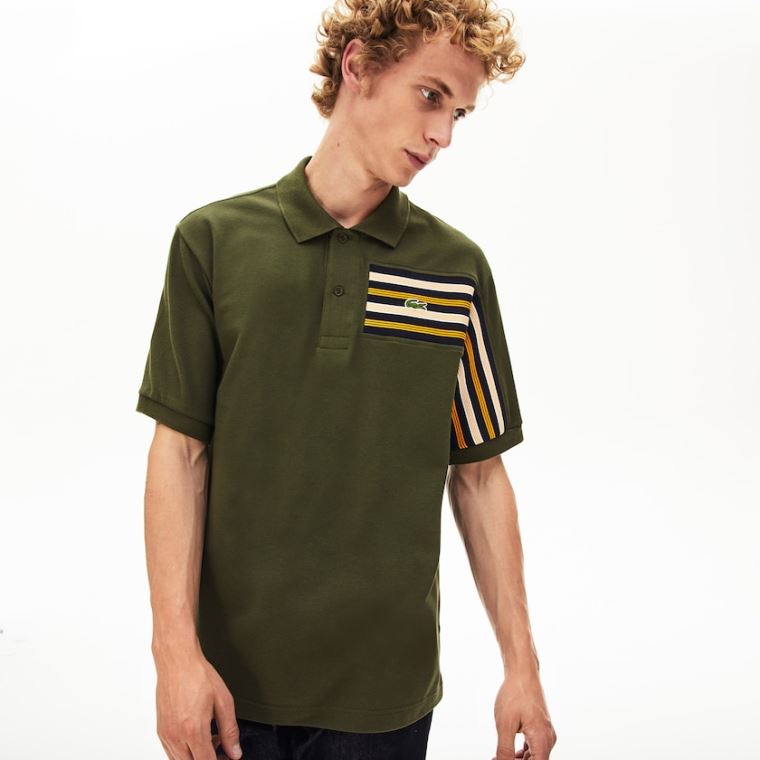 Lacoste L.12.12 Off-Center Stripe Bomull Piqué Polo Khaki Grønn | LTvSfHcQ