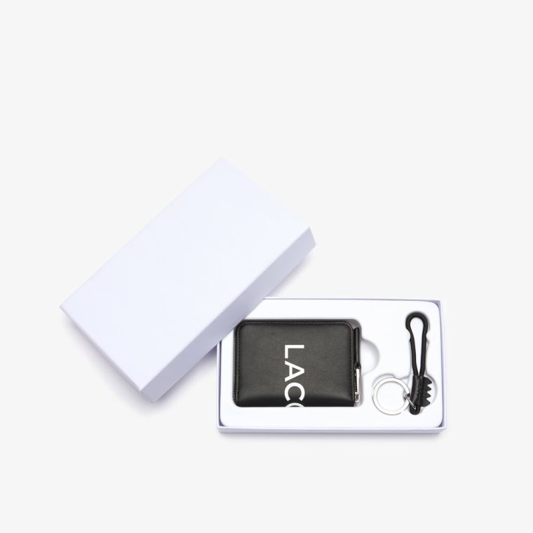 Lacoste L.12.12 Smooth Lær Wallet And Key Chain Gift Box Svarte Hvite | R3DyCRgp