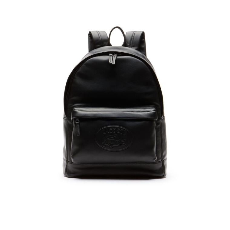 Lacoste L.12.12 Vanlige Embossed Lettering Lær Backpack Svarte | mFOyf83M