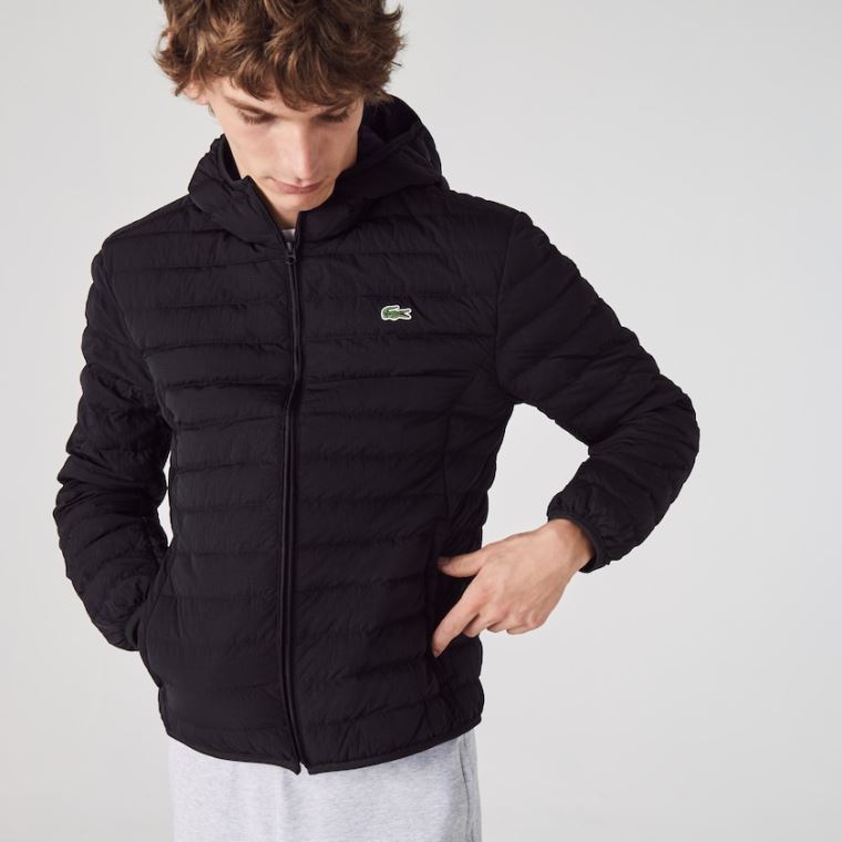 Lacoste Lette Foldable Hette Vann-Resistant Puffer Coat Svarte | DQDV4Ctd