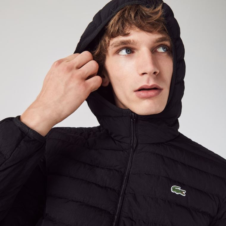 Lacoste Lette Foldable Hette Vann-Resistant Puffer Coat Svarte | DQDV4Ctd